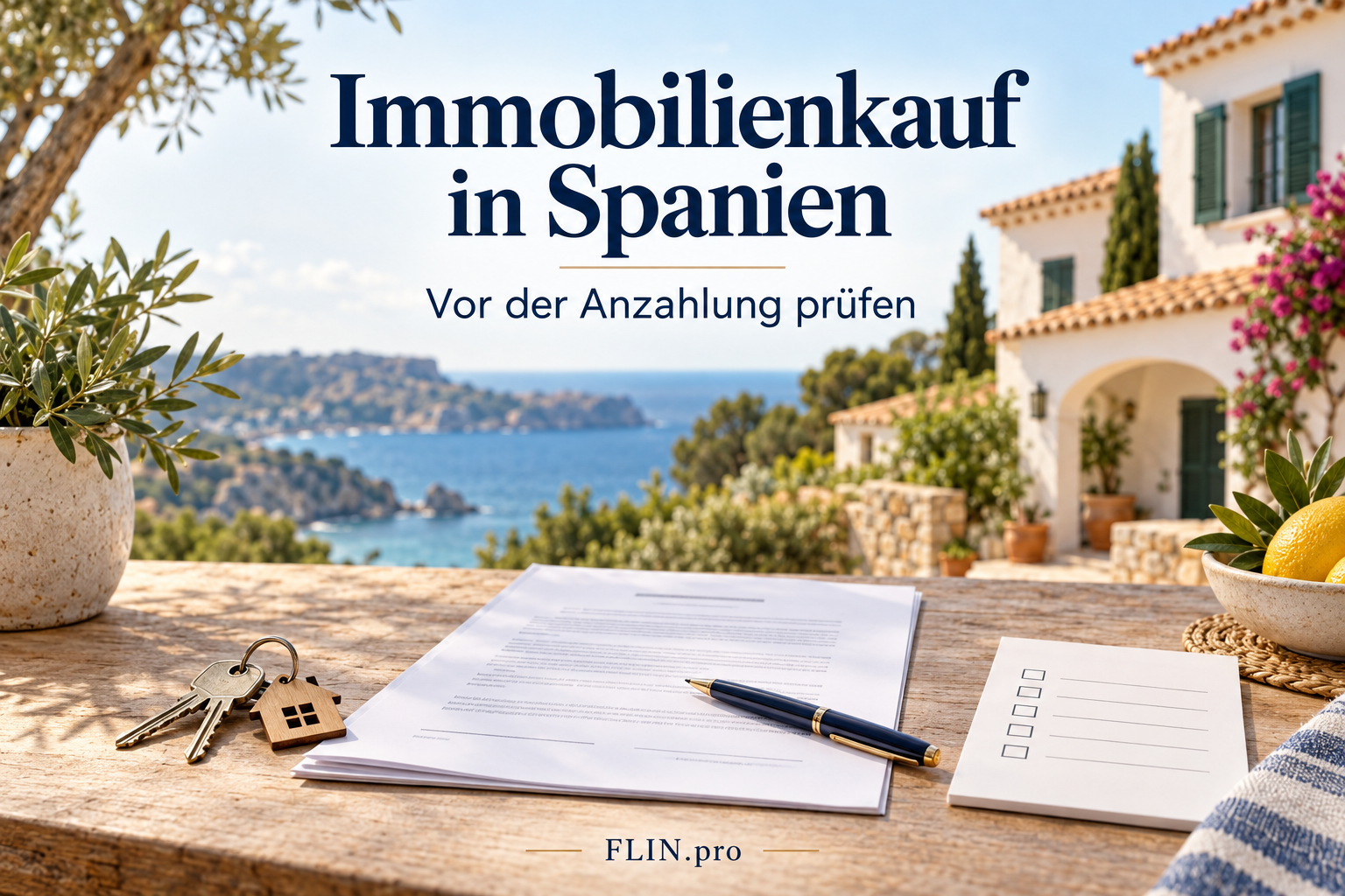 Immobilienkauf in Spanien: Hausschlüssel, Vertragsunterlagen und Checkliste vor einem mediterranen Haus.