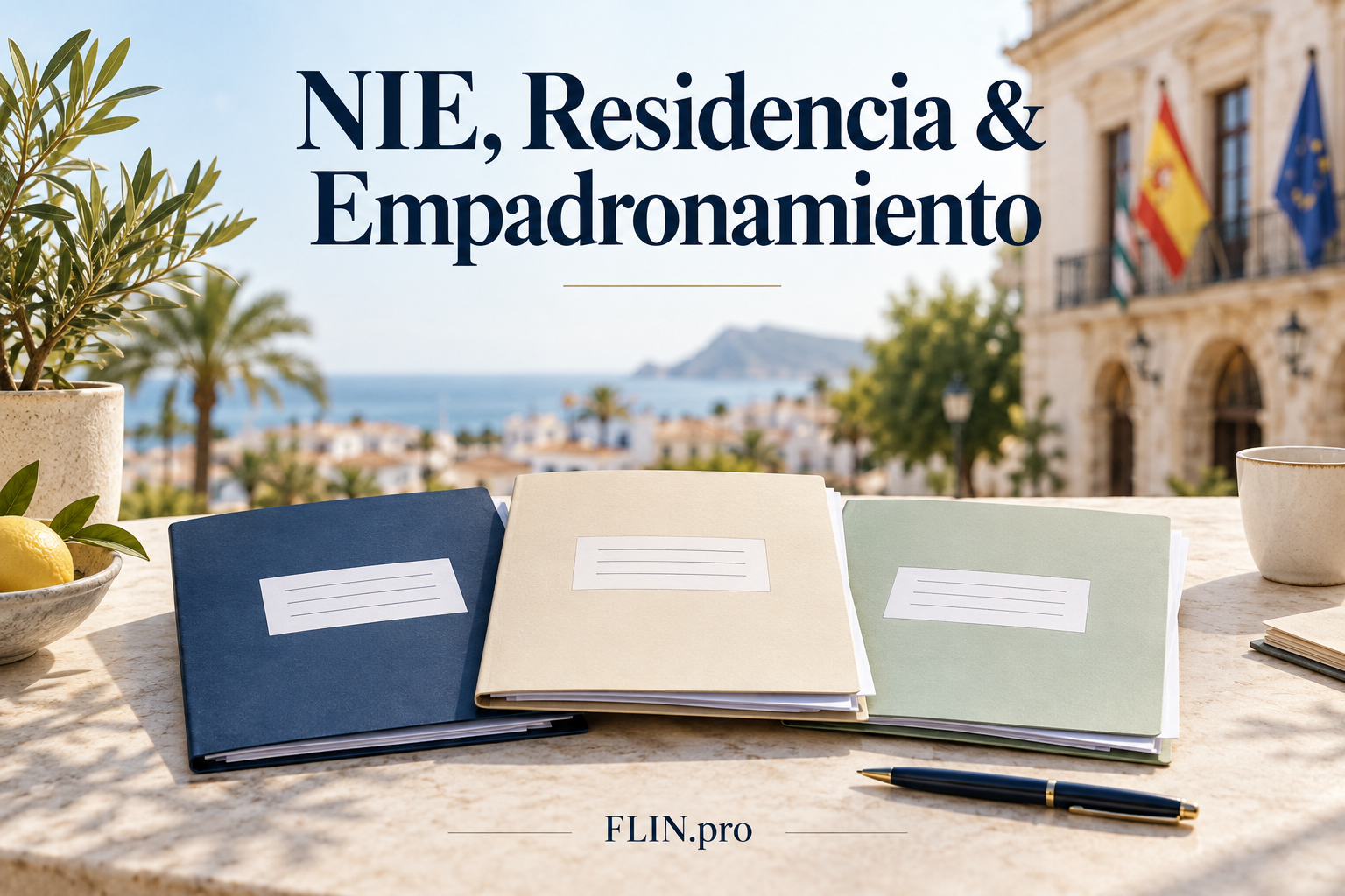 NIE, Residencia und Empadronamiento: drei Dokumentenmappen vor einem spanischen Rathaus.