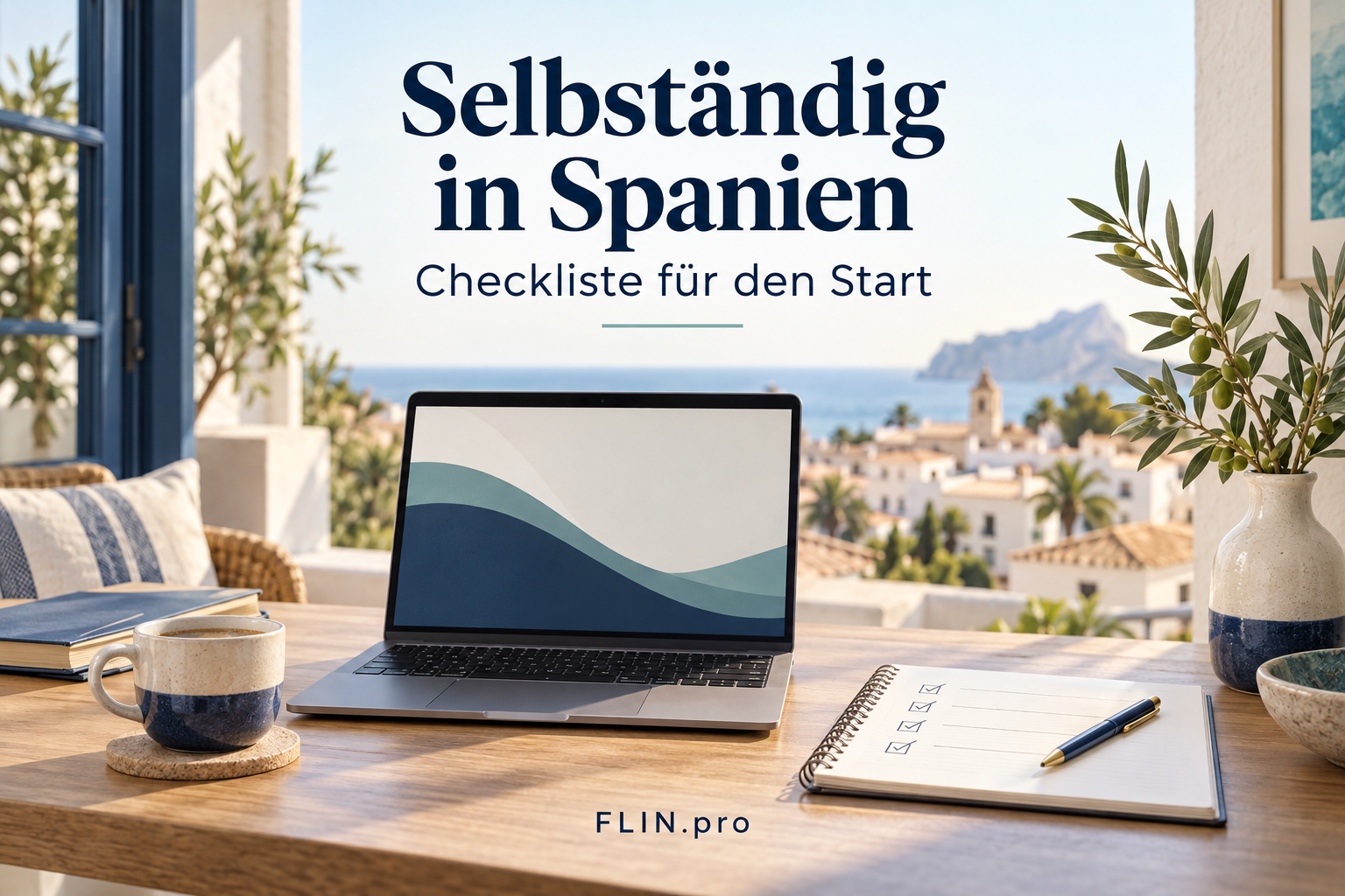 Selbständig in Spanien: Laptop und Gründungscheckliste auf einem Schreibtisch mit Blick auf die Mittelmeerküste.