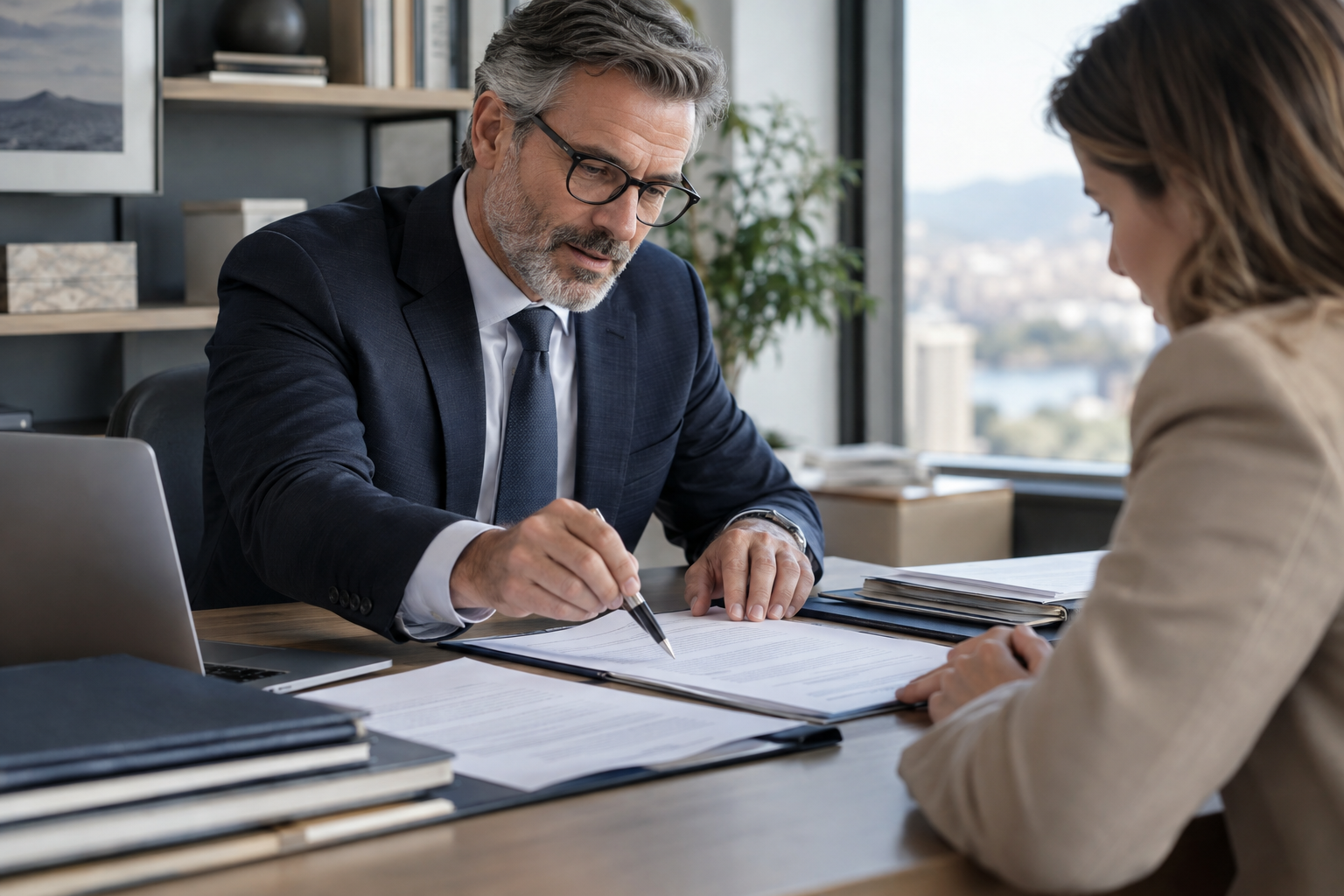 Flin & Asociados | FLIN.pro | Consultoría | España y Latinoamérica Un asesor revisa documentos con una clienta